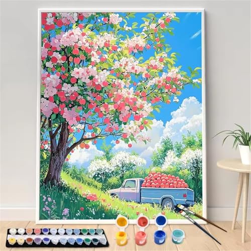 Umfarvt Malen Nach Zahlen Rosa, Baum Malen Nach Zahlen Erwachsene, DIY Handgemalt Ölgemälde Kit mit Pinseln und Acrylfarben Ölgemälde Leinwand für Home Decor DIY Framed 50x65cm von Umfarvt