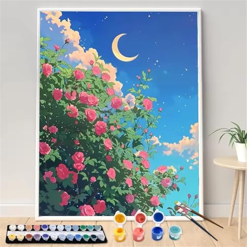 Umfarvt Malen Nach Zahlen Rosa, Blumen Malen Nach Zahlen Erwachsene, DIY Handgemalt Ölgemälde Kit mit Pinseln und Acrylfarben Ölgemälde Leinwand für Home Decor DIY Framed 45x60cm von Umfarvt