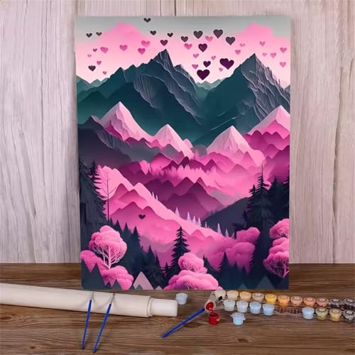 Umfarvt Malen Nach Zahlen Rosa, Gebirge Malen Nach Zahlen Erwachsene, DIY Handgemalt Ölgemälde Kit mit Pinseln und Acrylfarben Ölgemälde Leinwand für Home Decor DIY Framed 60x75cm von Umfarvt