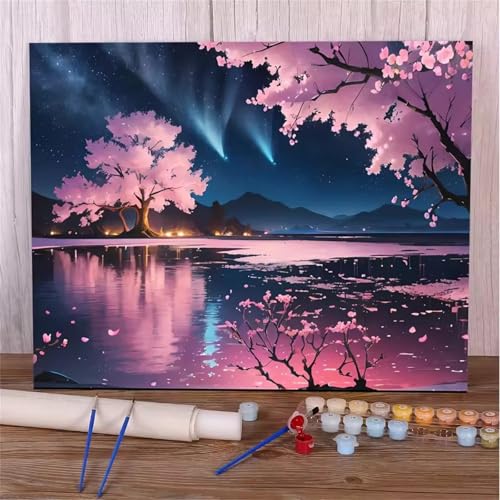 Umfarvt Malen Nach Zahlen Rosa, Landschaft Malen Nach Zahlen Erwachsene, DIY Handgemalt Ölgemälde Kit mit Pinseln und Acrylfarben Ölgemälde Leinwand für Home Decor DIY Framed 30x40cm von Umfarvt