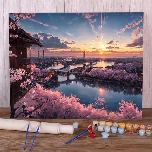 Umfarvt Malen Nach Zahlen Rosa, Landschaft Malen Nach Zahlen Erwachsene, DIY Handgemalt Ölgemälde Kit mit Pinseln und Acrylfarben Ölgemälde Leinwand für Home Decor DIY Framed 45x60cm von Umfarvt