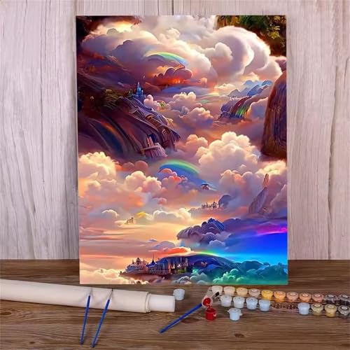 Umfarvt Malen Nach Zahlen Rosa, Wolken Malen Nach Zahlen Erwachsene, DIY Handgemalt Ölgemälde Kit mit Pinseln und Acrylfarben Ölgemälde Leinwand für Home Decor DIY Framed 30x40cm von Umfarvt