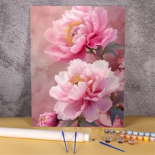 Umfarvt Malen Nach Zahlen Rosa Blumen, Pfingstrosenblüten Malen Nach Zahlen Erwachsene, DIY Handgemalt Ölgemälde Kit mit Pinseln und Acrylfarben Ölgemälde Leinwand für Home Decor DIY Framed 45x60cm von Umfarvt