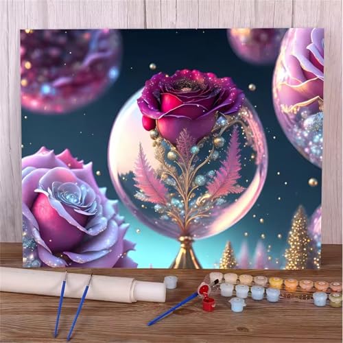 Umfarvt Malen Nach Zahlen Rosen, Blumen Malen Nach Zahlen Erwachsene, DIY Handgemalt Ölgemälde Kit mit Pinseln und Acrylfarben Ölgemälde Leinwand für Home Decor DIY Framed 30x40cm von Umfarvt