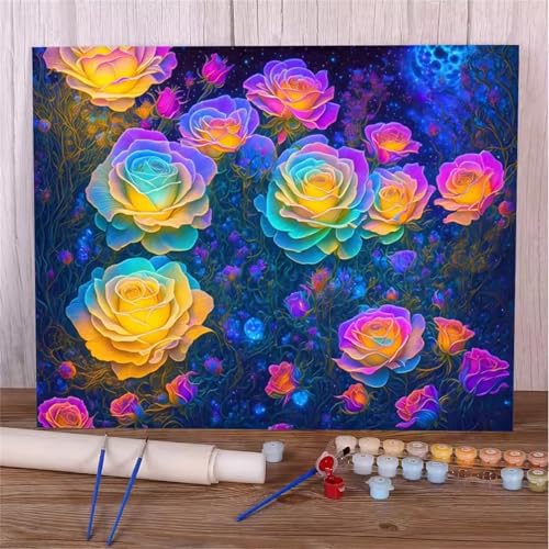 Umfarvt Malen Nach Zahlen Rosen, Farbe Malen Nach Zahlen Erwachsene, DIY Handgemalt Ölgemälde Kit mit Pinseln und Acrylfarben Ölgemälde Leinwand für Home Decor DIY Framed 40x50cm von Umfarvt