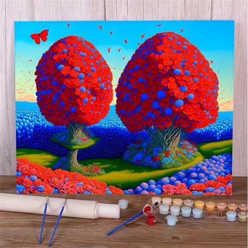 Umfarvt Malen Nach Zahlen Rot, Baum Malen Nach Zahlen Erwachsene, DIY Handgemalt Ölgemälde Kit mit Pinseln und Acrylfarben Ölgemälde Leinwand für Home Decor DIY Framed 50x65cm von Umfarvt