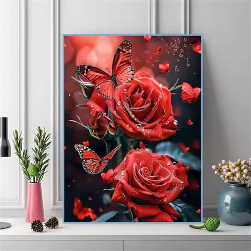 Umfarvt Malen Nach Zahlen Rot, Rosen Malen Nach Zahlen Erwachsene, DIY Handgemalt Ölgemälde Kit mit Pinseln und Acrylfarben Ölgemälde Leinwand für Home Decor DIY Framed 60x75cm von Umfarvt