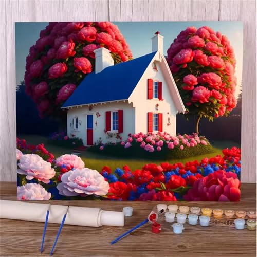 Umfarvt Malen Nach Zahlen Rote Blumen, Häuser Malen Nach Zahlen Erwachsene, DIY Handgemalt Ölgemälde Kit mit Pinseln und Acrylfarben Ölgemälde Leinwand für Home Decor DIY Framed 55x70cm von Umfarvt