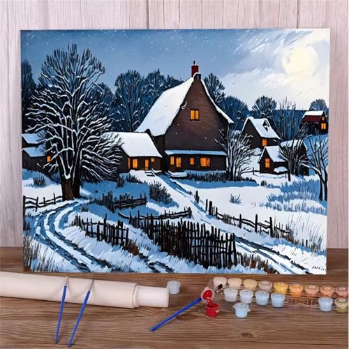 Umfarvt Malen Nach Zahlen Schneesaison, Landschaft Malen Nach Zahlen Erwachsene, DIY Handgemalt Ölgemälde Kit mit Pinseln und Acrylfarben Ölgemälde Leinwand für Home Decor DIY Framed 30x40cm von Umfarvt