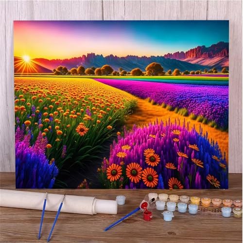 Umfarvt Meer aus farbigen Blumen Malen Nach Zahlen Erwachsene,Paint by Numbers Adult,DIY Framed DIY mit Pinseln und Acrylfarben Handgemalt Ölgemälde Leinwand für Home Wand Dekor 60x75cm von Umfarvt