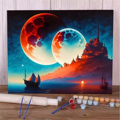 Umfarvt Mond Malen Nach Zahlen Erwachsene,Landschaft Malen Nach Zahlen,Without Framed inklusive Pinsel und Acrylfarben DIY handgemaltes Ölgemälde Set für Anfänger für Home Decor 40x50cm von Umfarvt