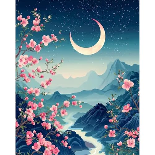 Umfarvt Mond Malen Nach Zahlen Erwachsene,Landschaft Malen Nach Zahlen,Without Framed inklusive Pinsel und Acrylfarben DIY handgemaltes Ölgemälde Set für Anfänger für Home Decor 45x60cm von Umfarvt