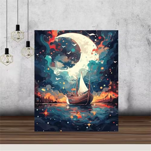 Umfarvt Mond Malen Nach Zahlen Erwachsene,Segelboot Malen Nach Zahlen,Without Framed inklusive Pinsel und Acrylfarben DIY handgemaltes Ölgemälde Set für Anfänger für Home Decor 40x50cm von Umfarvt