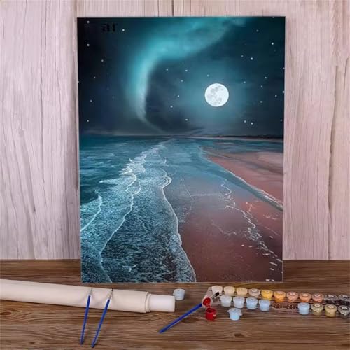 Umfarvt Mond Malen Nach Zahlen Erwachsene,Strand Malen Nach Zahlen,Without Framed inklusive Pinsel und Acrylfarben DIY handgemaltes Ölgemälde Set für Anfänger für Home Decor 45x60cm von Umfarvt