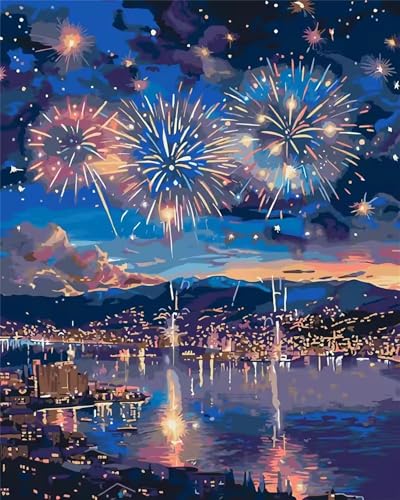 Umfarvt Nachtaufnahme Malen Nach Zahlen Erwachsene,Feuerwerk Malen Nach Zahlen,Without Framed inklusive Pinsel und Acrylfarben DIY handgemaltes Ölgemälde Set für Anfänger für Home Decor 45x60cm von Umfarvt