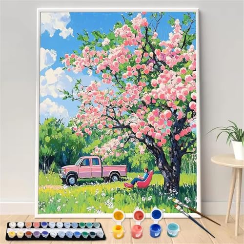 Umfarvt Rosa Malen Nach Zahlen Erwachsene,Baum Malen Nach Zahlen,Without Framed inklusive Pinsel und Acrylfarben DIY handgemaltes Ölgemälde Set für Anfänger für Home Decor 30x40cm von Umfarvt