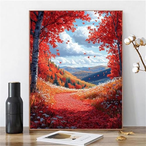 Umfarvt Rote Landschaft Malen Nach Zahlen Erwachsene,Paint by Numbers Adult,DIY Framed DIY mit Pinseln und Acrylfarben Handgemalt Ölgemälde Leinwand für Home Wand Dekor 40x50cm von Umfarvt