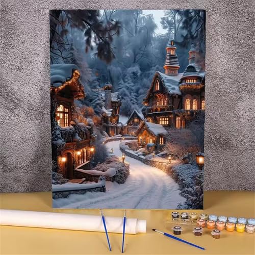 Umfarvt Schneeszene Malen Nach Zahlen Erwachsene,Straße Malen Nach Zahlen,Without Framed inklusive Pinsel und Acrylfarben DIY handgemaltes Ölgemälde Set für Anfänger für Home Decor 30x40cm von Umfarvt