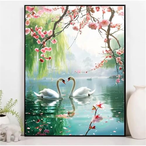 Umfarvt Schwan im See Diamond Painting Kits Erwachsene und Kinder,Round Drill Full Drill Cross Stickerei Malerei Kits für Home Halloween Wand Décor 100x130cm von Umfarvt