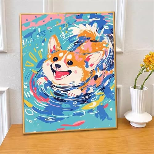 Umfarvt Schwimmender Corgi Malen Nach Zahlen Erwachsene,Paint by Numbers Adult,DIY Framed DIY mit Pinseln und Acrylfarben Handgemalt Ölgemälde Leinwand für Home Wand Dekor 55x70cm von Umfarvt