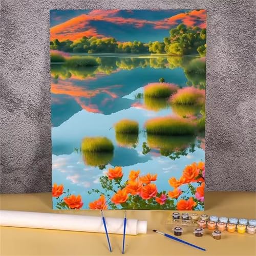 Umfarvt Seeblumen Malen Nach Zahlen Erwachsene,Paint by Numbers Adult,DIY Framed DIY mit Pinseln und Acrylfarben Handgemalt Ölgemälde Leinwand für Home Wand Dekor 55x70cm von Umfarvt