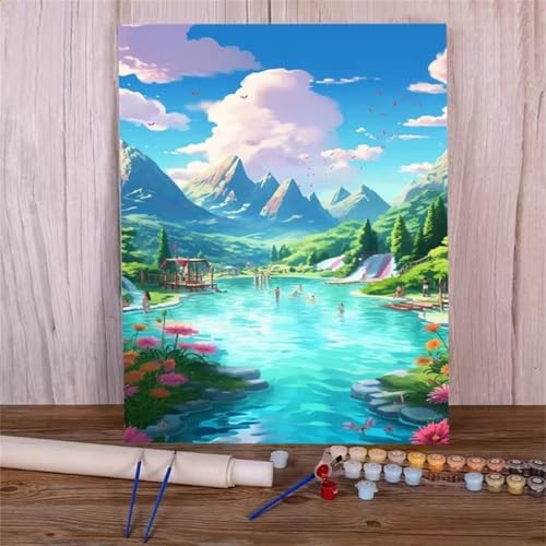 Umfarvt Seen und Himmel Malen Nach Zahlen Erwachsene,Paint by Numbers Adult,DIY Framed DIY mit Pinseln und Acrylfarben Handgemalt Ölgemälde Leinwand für Home Wand Dekor 60x75cm von Umfarvt