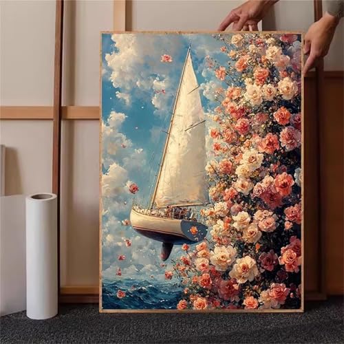 Umfarvt Segelboot-Blume Malen Nach Zahlen Erwachsene,Paint by Numbers Adult,Without Framed DIY mit Pinseln und Acrylfarben Handgemalt Ölgemälde Leinwand für Home Wand Dekor 30x40cm von Umfarvt