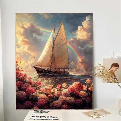 Umfarvt Segelboot-Blumenlandschaft Malen Nach Zahlen Erwachsene,Paint by Numbers Adult,DIY Framed DIY mit Pinseln und Acrylfarben Handgemalt Ölgemälde Leinwand für Home Wand Dekor 30x40cm von Umfarvt