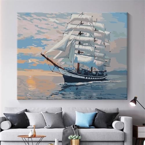 Umfarvt Segelboot Malen Nach Zahlen Erwachsene,Paint by Numbers Adult,DIY Framed DIY mit Pinseln und Acrylfarben Handgemalt Ölgemälde Leinwand für Home Wand Dekor 45x60cm von Umfarvt