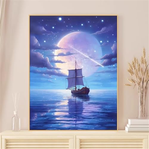 Umfarvt Segelboot-Mond Malen Nach Zahlen Erwachsene,Paint by Numbers Adult,DIY Framed DIY mit Pinseln und Acrylfarben Handgemalt Ölgemälde Leinwand für Home Wand Dekor 40x50cm von Umfarvt