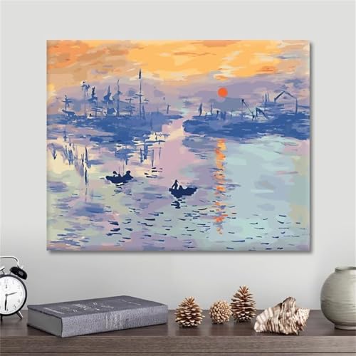 Umfarvt Segelboot bei Sonnenuntergang Malen Nach Zahlen Erwachsene,Paint by Numbers Adult,DIY Framed DIY mit Pinseln und Acrylfarben Handgemalt Ölgemälde Leinwand für Home Wand Dekor 60x75cm von Umfarvt