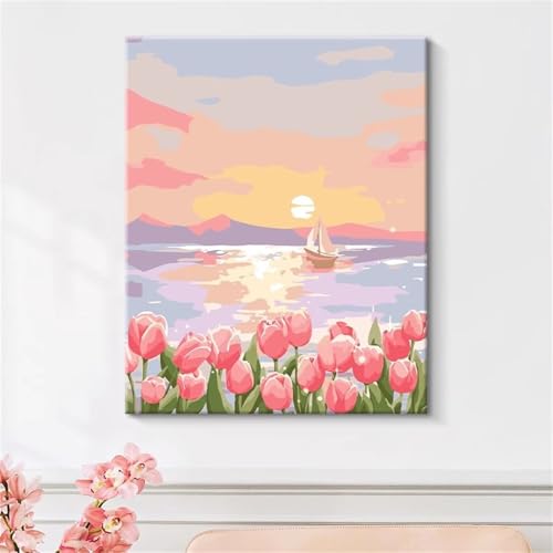 Umfarvt Sonnenaufgangstulpe Malen Nach Zahlen Erwachsene,Paint by Numbers Adult,Without Framed DIY mit Pinseln und Acrylfarben Handgemalt Ölgemälde Leinwand für Home Wand Dekor 30x40cm von Umfarvt