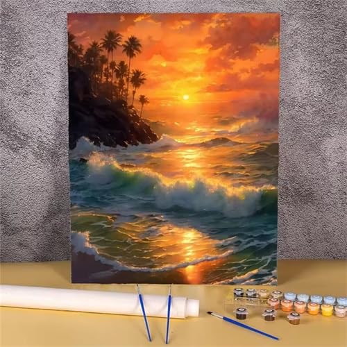 Umfarvt Sonnenuntergang-Meereswelle Malen Nach Zahlen Erwachsene,Paint by Numbers Adult,DIY Framed DIY mit Pinseln und Acrylfarben Handgemalt Ölgemälde Leinwand für Home Wand Dekor 30x40cm von Umfarvt