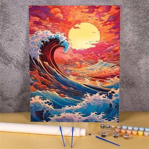 Umfarvt Sonnenuntergang-Meereswelle Malen Nach Zahlen Erwachsene,Paint by Numbers Adult,Without Framed DIY mit Pinseln und Acrylfarben Handgemalt Ölgemälde Leinwand für Home Wand Dekor 30x40cm von Umfarvt