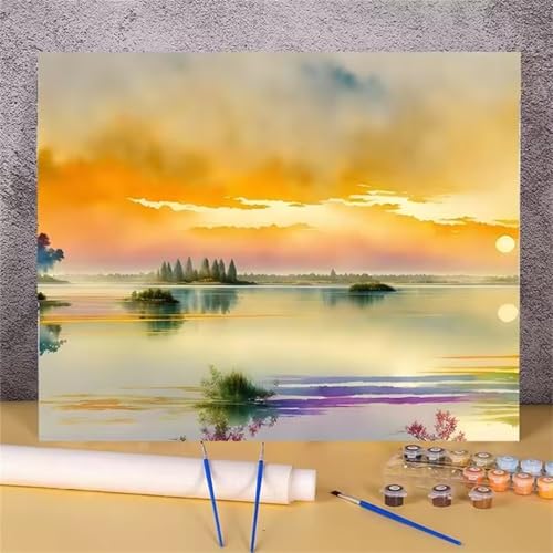 Umfarvt Sonnenuntergang am See Malen Nach Zahlen Erwachsene,Paint by Numbers Adult,DIY Framed DIY mit Pinseln und Acrylfarben Handgemalt Ölgemälde Leinwand für Home Wand Dekor 55x70cm von Umfarvt