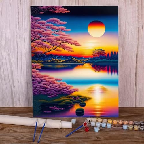 Umfarvt Sonnenuntergang am See Malen Nach Zahlen Erwachsene,Paint by Numbers Adult,DIY Framed DIY mit Pinseln und Acrylfarben Handgemalt Ölgemälde Leinwand für Home Wand Dekor 55x70cm von Umfarvt