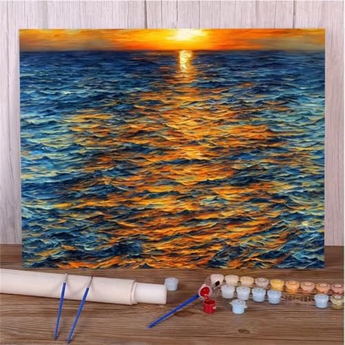 Umfarvt Sonnenuntergang mit Meereswellen Malen Nach Zahlen Erwachsene,Paint by Numbers Adult,DIY Framed DIY mit Pinseln und Acrylfarben Handgemalt Ölgemälde Leinwand für Home Wand Dekor 30x40cm von Umfarvt