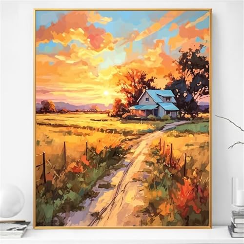 Umfarvt Sonnenuntergangslandschaft Malen Nach Zahlen Erwachsene,Paint by Numbers Adult,DIY Framed DIY mit Pinseln und Acrylfarben Handgemalt Ölgemälde Leinwand für Home Wand Dekor 60x75cm von Umfarvt