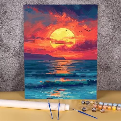 Umfarvt Sonnenuntergangsmeer Malen Nach Zahlen Erwachsene,Paint by Numbers Adult,Without Framed DIY mit Pinseln und Acrylfarben Handgemalt Ölgemälde Leinwand für Home Wand Dekor 60x75cm von Umfarvt