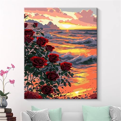 Umfarvt Sonnenuntergangsrosen Malen Nach Zahlen Erwachsene,Paint by Numbers Adult,DIY Framed DIY mit Pinseln und Acrylfarben Handgemalt Ölgemälde Leinwand für Home Wand Dekor 50x65cm von Umfarvt