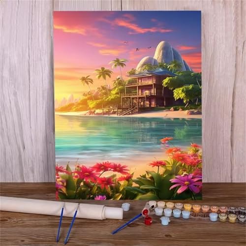 Umfarvt Sonnenuntergangsstrand Malen Nach Zahlen Erwachsene,Paint by Numbers Adult,Without Framed DIY mit Pinseln und Acrylfarben Handgemalt Ölgemälde Leinwand für Home Wand Dekor 30x40cm von Umfarvt