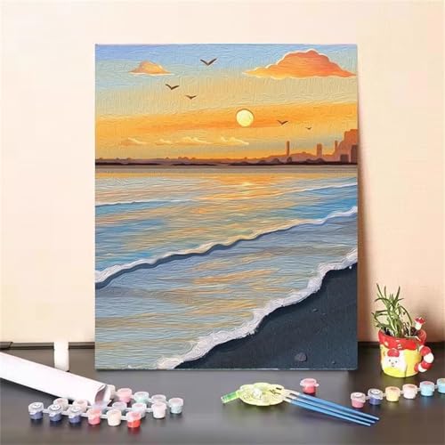 Umfarvt Sonnenuntergangsstrand Malen Nach Zahlen Erwachsene,Paint by Numbers Adult,Without Framed DIY mit Pinseln und Acrylfarben Handgemalt Ölgemälde Leinwand für Home Wand Dekor 30x40cm von Umfarvt