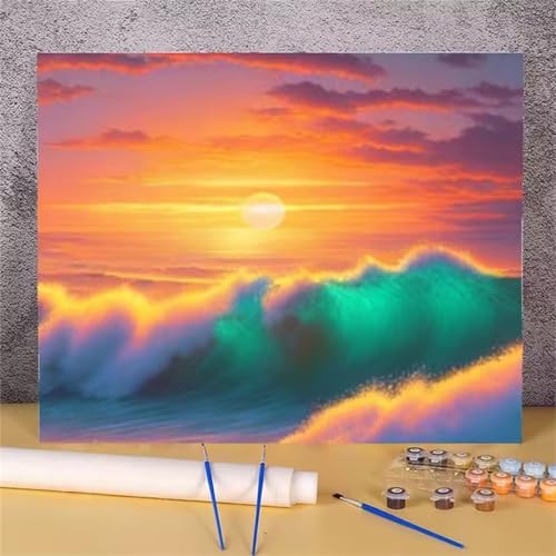 Umfarvt Sonnenuntergangswelle Malen Nach Zahlen Erwachsene,Paint by Numbers Adult,DIY Framed DIY mit Pinseln und Acrylfarben Handgemalt Ölgemälde Leinwand für Home Wand Dekor 60x75cm von Umfarvt