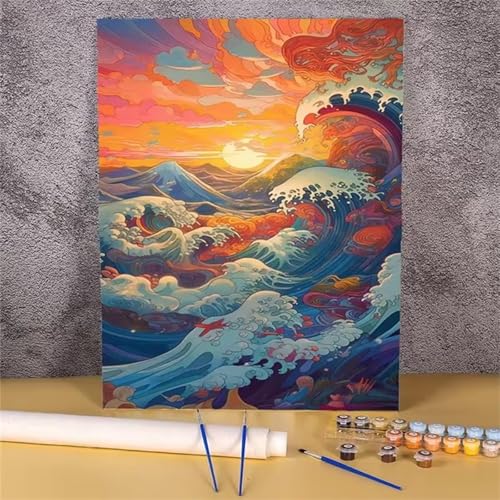 Umfarvt Sonnenuntergangswelle Malen Nach Zahlen Erwachsene,Paint by Numbers Adult,Without Framed DIY mit Pinseln und Acrylfarben Handgemalt Ölgemälde Leinwand für Home Wand Dekor 40x50cm von Umfarvt