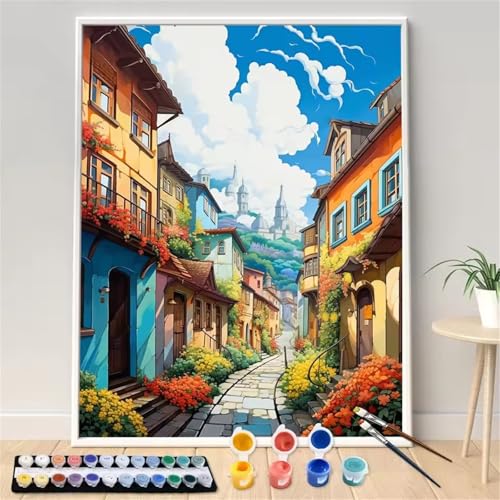 Umfarvt Stadt Malen Nach Zahlen Erwachsene,Straßen Malen Nach Zahlen,Without Framed inklusive Pinsel und Acrylfarben DIY handgemaltes Ölgemälde Set für Anfänger für Home Decor 55x70cm von Umfarvt