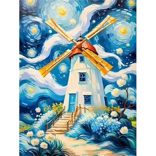 Umfarvt Sternenhimmel Malen Nach Zahlen Erwachsene,Windmühle Malen Nach Zahlen,Without Framed inklusive Pinsel und Acrylfarben DIY handgemaltes Ölgemälde Set für Anfänger für Home Decor 30x40cm von Umfarvt