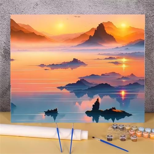 Umfarvt Sunshine Lakes Malen Nach Zahlen Erwachsene,Paint by Numbers Adult,DIY Framed DIY mit Pinseln und Acrylfarben Handgemalt Ölgemälde Leinwand für Home Wand Dekor 30x40cm von Umfarvt