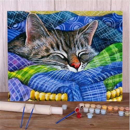 Umfarvt Tierkatze Malen Nach Zahlen Erwachsene,Paint by Numbers Adult,DIY Framed DIY mit Pinseln und Acrylfarben Handgemalt Ölgemälde Leinwand für Home Wand Dekor 40x50cm von Umfarvt