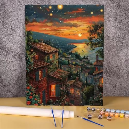 Umfarvt Townships bei Nacht Malen Nach Zahlen Erwachsene,Paint by Numbers Adult,DIY Framed DIY mit Pinseln und Acrylfarben Handgemalt Ölgemälde Leinwand für Home Wand Dekor 55x70cm von Umfarvt