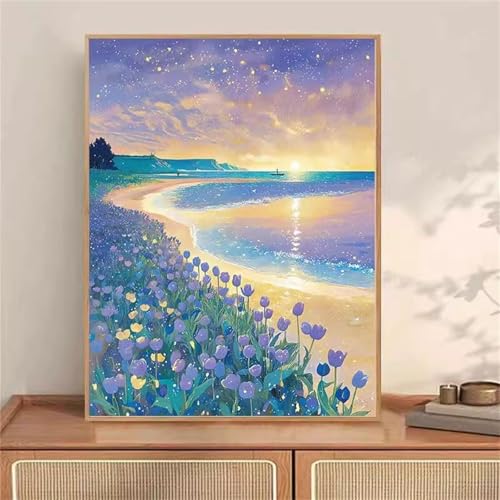 Umfarvt Tulpe am Meer Malen Nach Zahlen Erwachsene,Paint by Numbers Adult,DIY Framed DIY mit Pinseln und Acrylfarben Handgemalt Ölgemälde Leinwand für Home Wand Dekor 55x70cm von Umfarvt